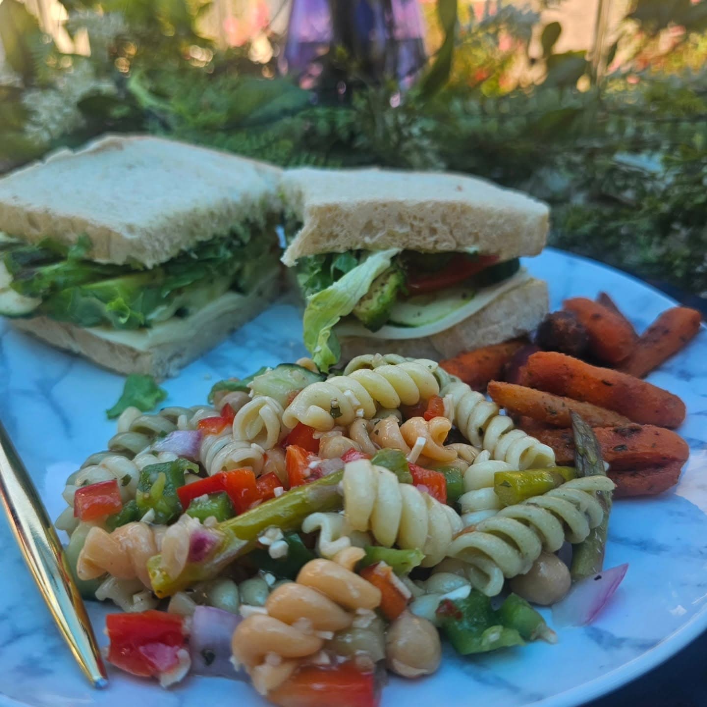 A sandwich and pasta salad plate at home