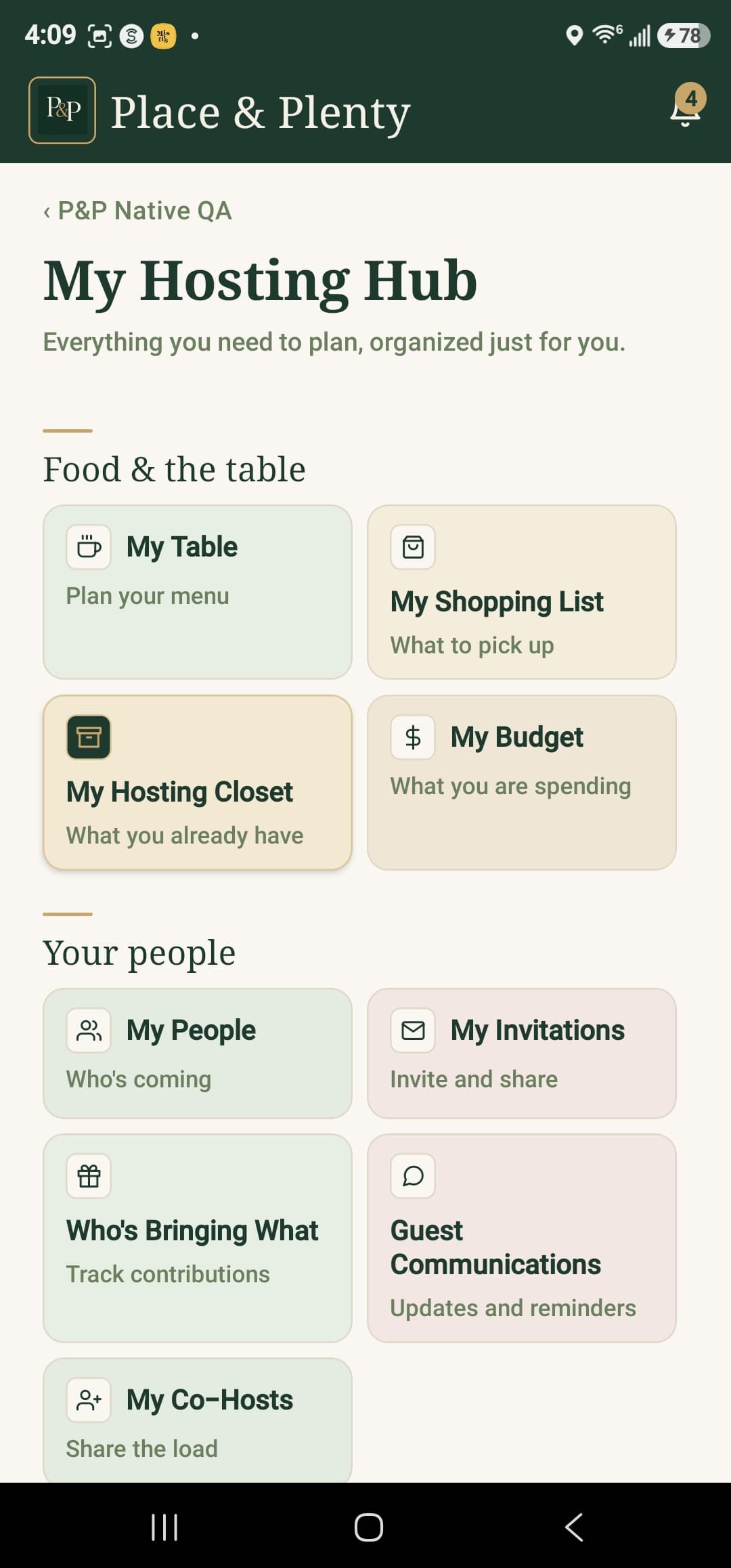 The Place & Plenty hosting hub screen on mobile